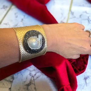 Baroque Pearl Crystal Paved Wide Cuff Gold plated Bracelet NWT!